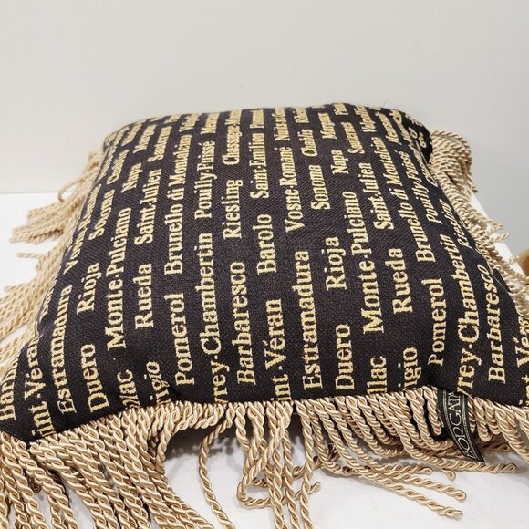 Borgata Gold Fringed Pillow Throw Brown Background Gold Lettering Wine Theme - Picture 2 of 4